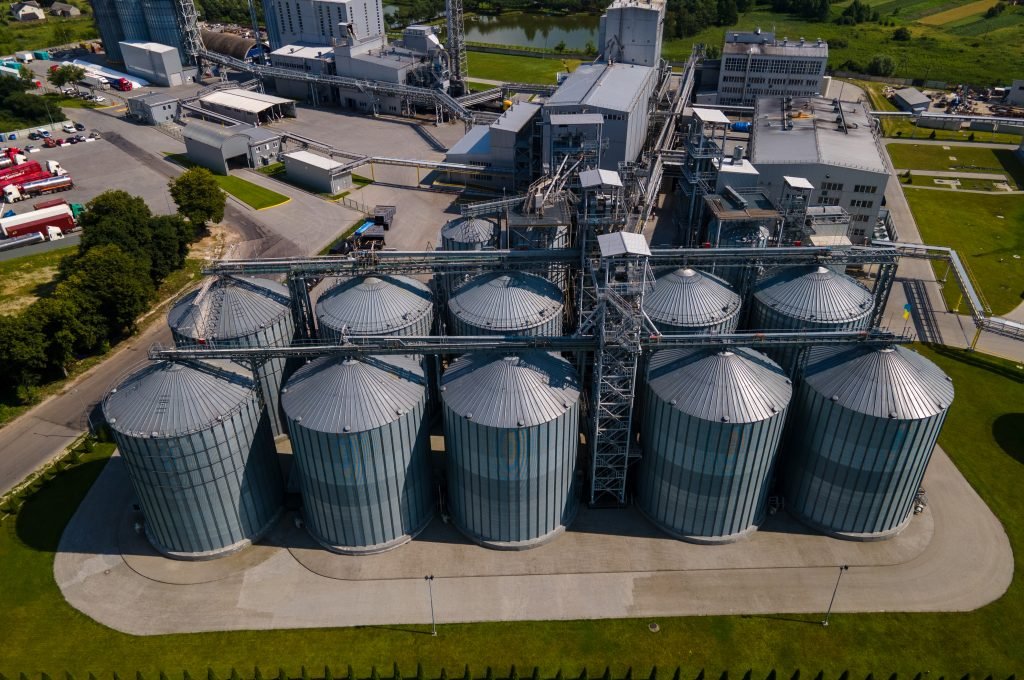aerial view of factory copy space sunny summer day. storage containers